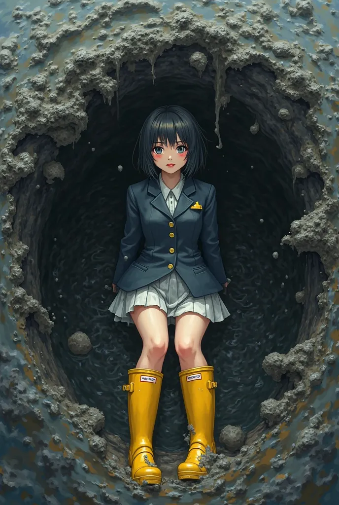 ((Highest quality)), (( masterpiece)), ( exhaustive), Japanese idol　wearing hunter rain boots、 cute mature woman 　 petite figure、SMALLE BREASTS、 short cut bob hair、 Hair　((泥だらけの黄色いwearing hunter rain boots))、((High school girl blazer uniform:1.75))　((cover...