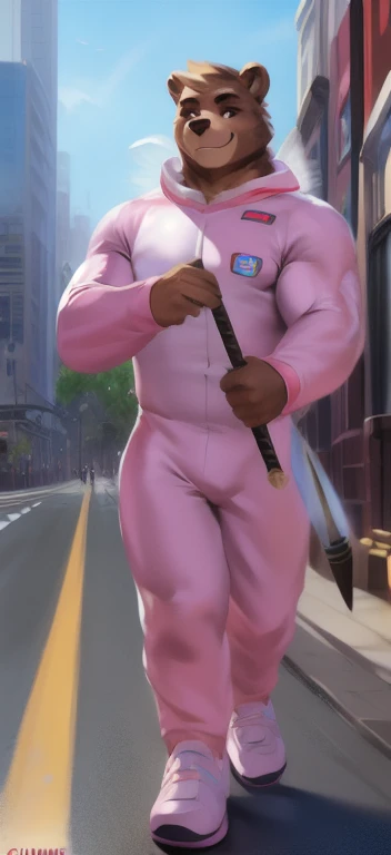  alone, male Tall​,huge​ body​, stand,Holding the magic staff of an angel., road,bear cat ​,  pink military spacesuit,  heavy overload,  muscle bundle, smirking,by chunie ​