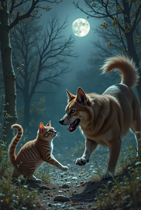 In a deserted corner, a fierce battle erupted between a cat and a dog, with the cat dodging swiftly and cleverly while the dog tried to attack with all its strength. The dog's fangs gleamed in the moonlight, while the cat's claws twitched, ready to pounce....