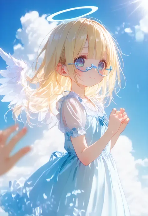 
score_9, score_8_up  , score_7_up  , score_6_up  , score_5_up  , score_4_up  , masterpiece, best quality, source_anime,delicate illustration,
alone,cute 1girl,(loli),blonde hair,straight long hair,blunt bangs  ,輝く glowing halo,blue eyes,blush, smile,(Ange...