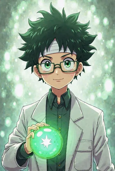 Genius Izuku Midoriya 

Appearance:
- paler as he has vitamin deficiencies for being stuck in his lab space.
- has glasses because he's farsighted.
- wears a headband to push up his bangs.
- wears a white lab coat.
- heavy eyebags and always holding an ele...