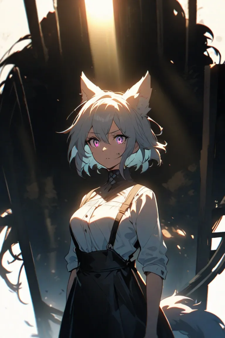 Beautiful woman, she has wolf ears and a wolf tail，sexy，Injured， slightly broken shirt，at prison，slightly bright lighting, 2D Anime