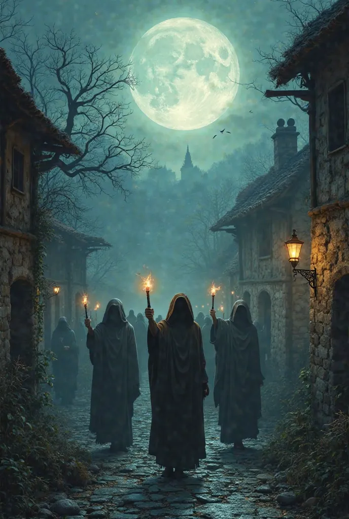 An ancient village under the light of the full moon, with several hooded figures holding garlic cloves, surrounded by dark entities watching from afar, unable to cross the invisible barrier.