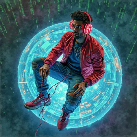 bird's eye view from above.
a guy in futuristic square huge geometric headphones sits on a
neon transparent sphere filled with colored neon numbers, graphics, codes, words, in his hands a neon joystick with numerous wires going into a neon blue sphere,
he ...