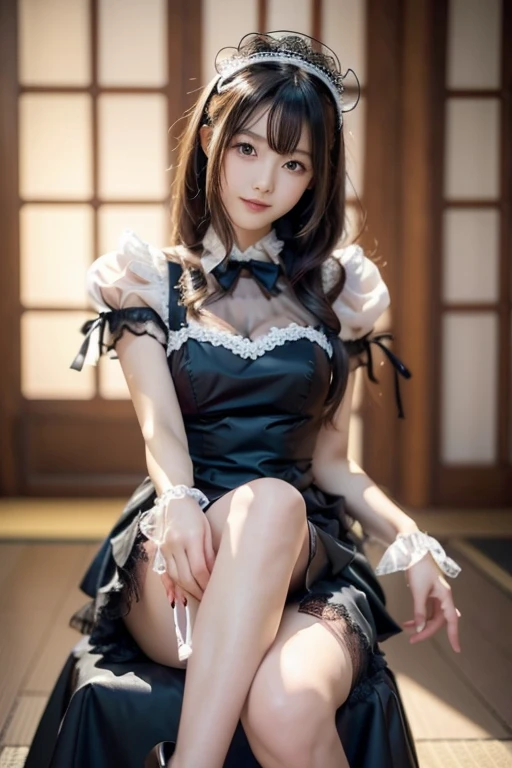   Japanese model posing wearing black sheer dress and boots、sitting on a chair、semi-long black hair、lace maid dress ,   black lace gloves ,  black and fluffy clothes, maid clothes,  beautiful black dress  ,  MAID DRESS,   elegant and charming cosplay  ,  w...