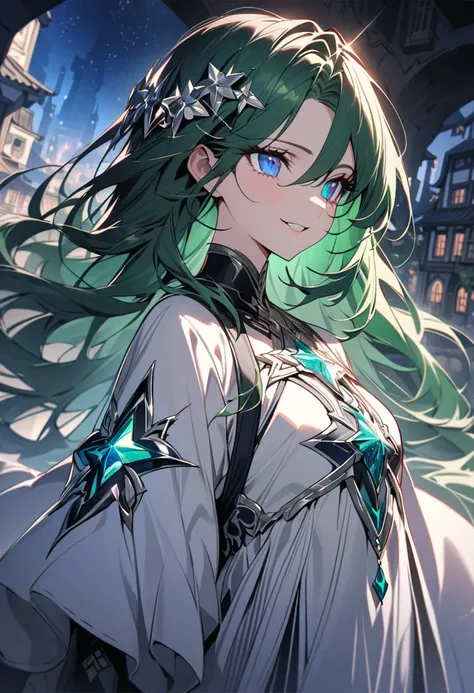 A young girl, a god who governs time. She stands at about 150 centimeters tall, with long emerald green hair that flows in the wind and bright blue eyes that gleam coldly. She wears a subtle smile, with the corners of her lips slightly raised but without s...