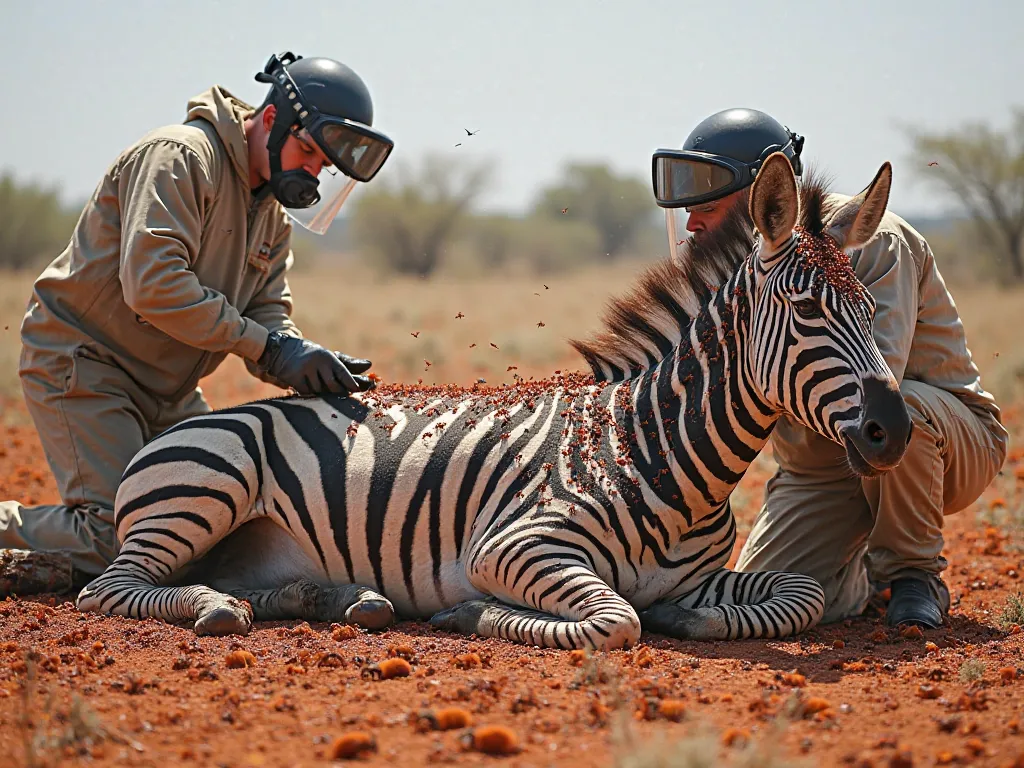 A large zebra lies motionless on the dusty field, its entire body covered in bright red ants. The ants crawl over its back, legs, belly, and even its face, forming writhing clusters around its eyes and nose. The zebra’s dark eyes reflect pain and frustrati...