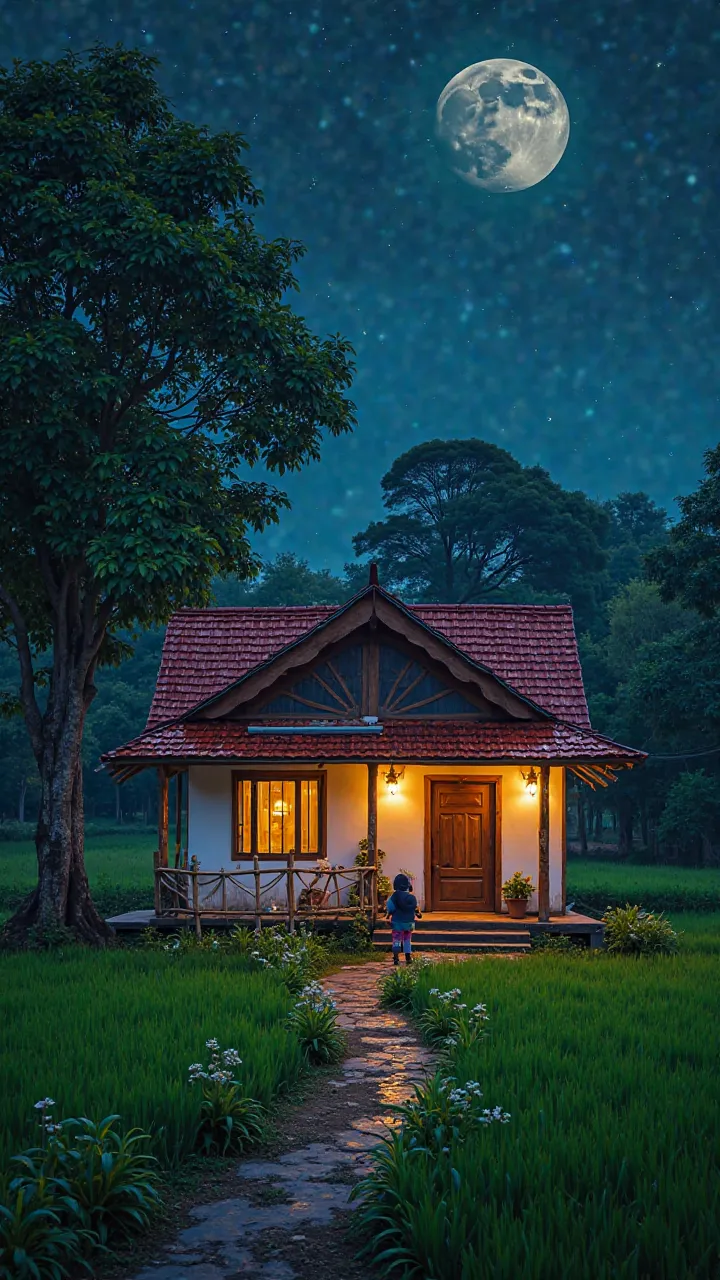 Photo of rural Jawabarat indonesia at night,house typical of the village of 1980,red tile roof,paint the house white color,there is a bamboo fence in front of the house, there is a walkway ,there is a girl in hijab again standing in front of the house,clea...