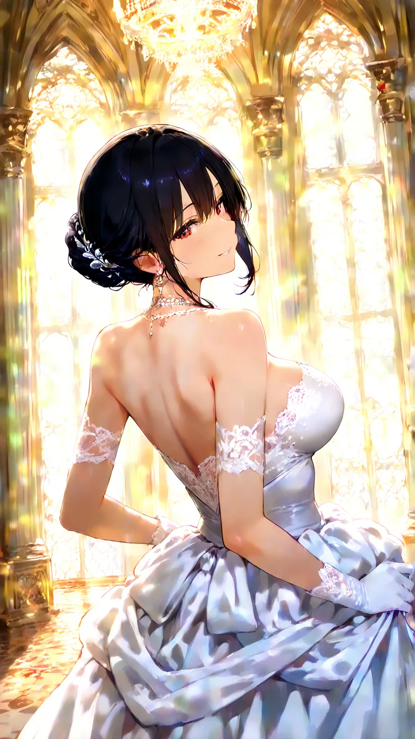   black hair, glass, princess, white gloves,