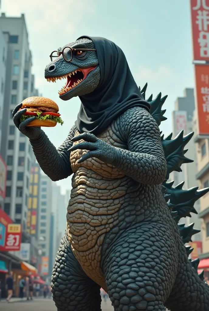 Godzilla in a hijab with glasses eating Burger 