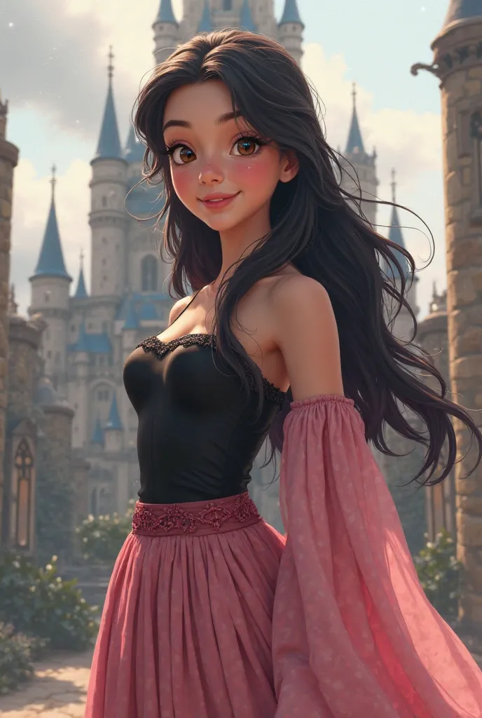 A young queen woman in a black top in a pink skirt and a pink shirt smiles against the background of the castle with black hair and brown eyes 