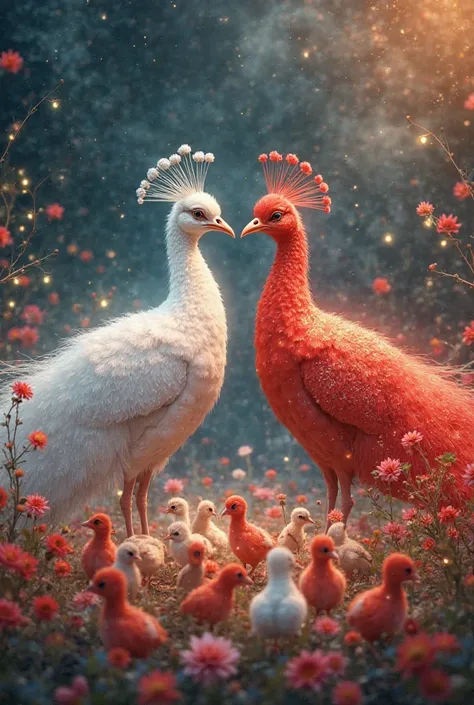 "A breathtaking fantasy landscape. Two majestic peacocks stand at the center: one is pure white, glowing like moonlight, while the other is fiery red, radiating warmth like a sunset. Their shimmering feathers sparkle like galaxies in the night sky. Surroun...