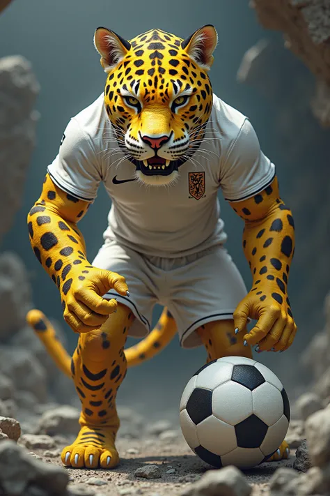 Create a strong yellow jaguar standing with an angry face and a soccer ball in your hand stepping on rocks .
 .With white team jersey with sleeve