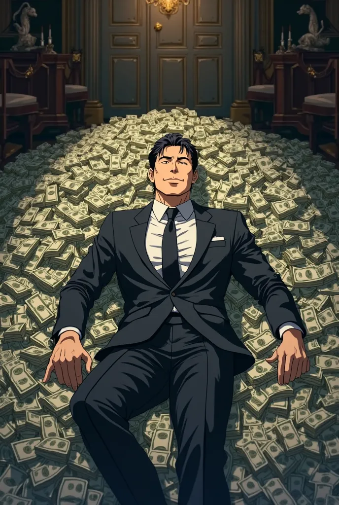 A man lying on a lot of money . Anime pic look realistic