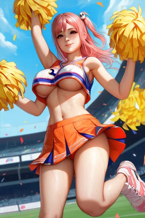 score_9, score_8_up, score_7_up,
DOAHonoka, 1girl, pink hair, red eyes, long hair, one side up, looking at viewer, cheerleader, pom pom \(cheerleading\), stadium, underboob, standing on one leg, sneakers, cowboy shot, sweat, smile, arm up