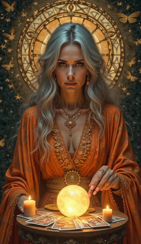 " A captivating depiction of a seer   , about 50 years old   ,    exuding an air of mystery and wisdom   .    She has penetrating eyes that seem to see beyond the present   ,    framed by fine lines that add character to your face   . Your long,    wavy ha...