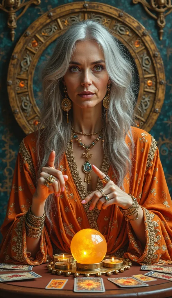 " A captivating depiction of a seer   , about 50 years old   ,    exuding an air of mystery and wisdom   .    She has penetrating eyes that seem to see beyond the present   ,    framed by fine lines that add character to your face   . Your long,    wavy ha...