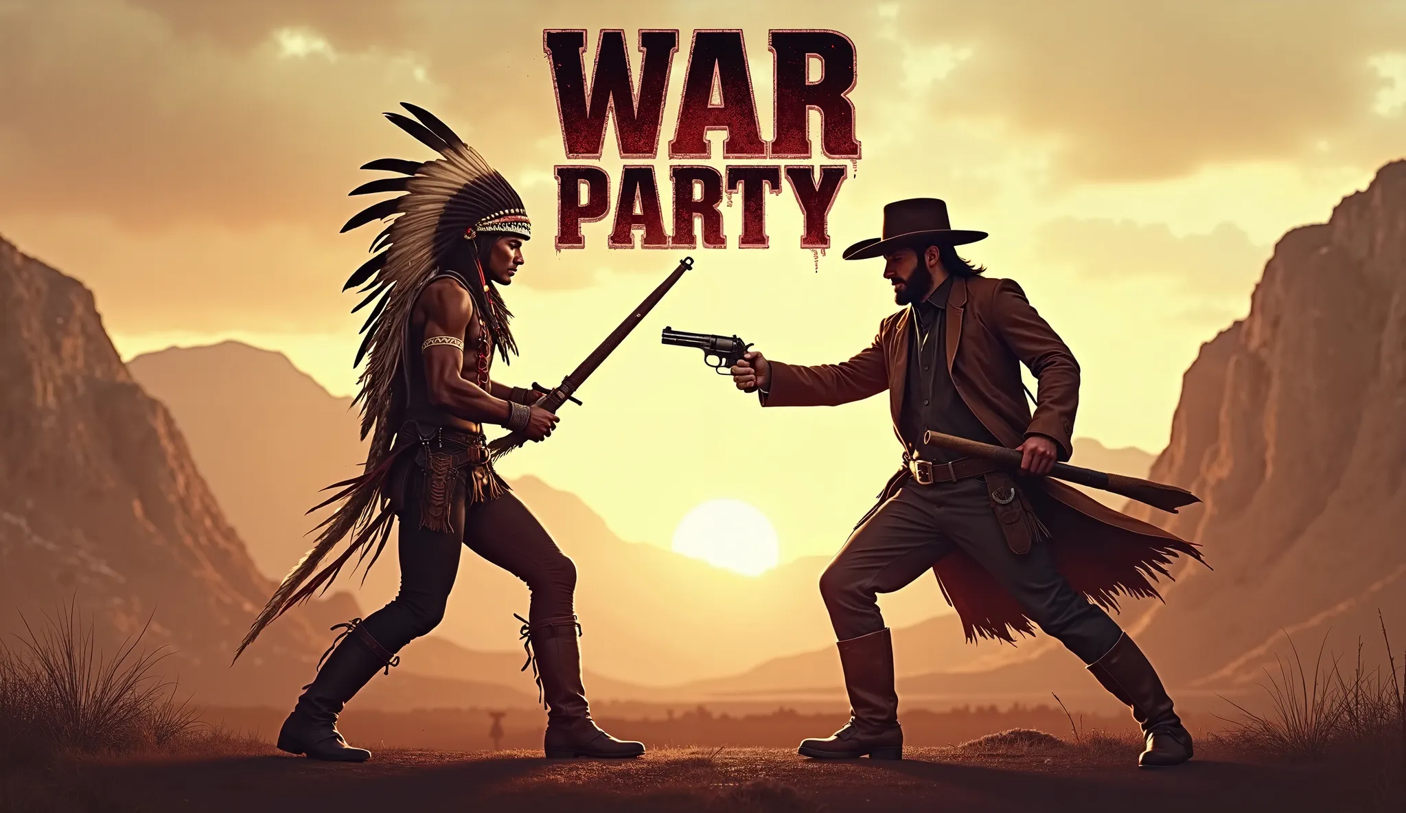 YouTube cover for the movie “War Party”
Write the title “War Party” on the cover
Picture the confrontation between an Indian with a national weapon and a white cowboy with a gun 