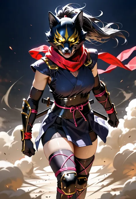 Detailed cool wolf mask, female kunoichi ninja wearing armor, charging with black wolf in dynamic pose, walking in fierce wind, dust, dust, dramatic, highly detailed, 4k, 8k, ultra-detailed, realistic, photorealistic, masterpiece

