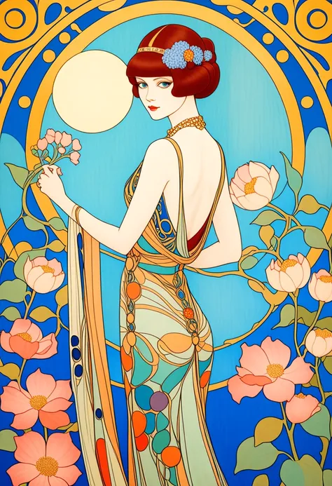 Wonderful,  elegant woman 　 Gustav Klimt :  art nouveau style, George Barbier : art deco style, Paul Klee:  Abstract Style , ,beautiful Japanese woman, from back,