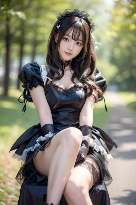   Japanese model posing wearing black sheer dress and boots、sitting on a chair、semi-long black hair、lace maid dress ,   black lace gloves ,  black and fluffy clothes, maid clothes,  beautiful black dress  ,  MAID DRESS,   elegant and charming cosplay  ,  w...