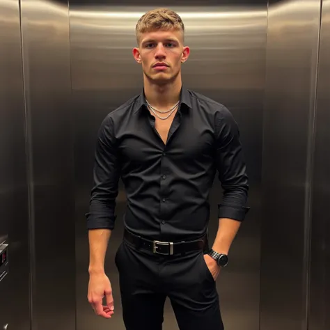 27 years boy muscles with mid fade short hair cut brown and little bit beard with
black pant black shirt black shocks black shoe silver watch silver chain in formal  without blazer In a elevator to take a selfie photo with a iphone pro 16
