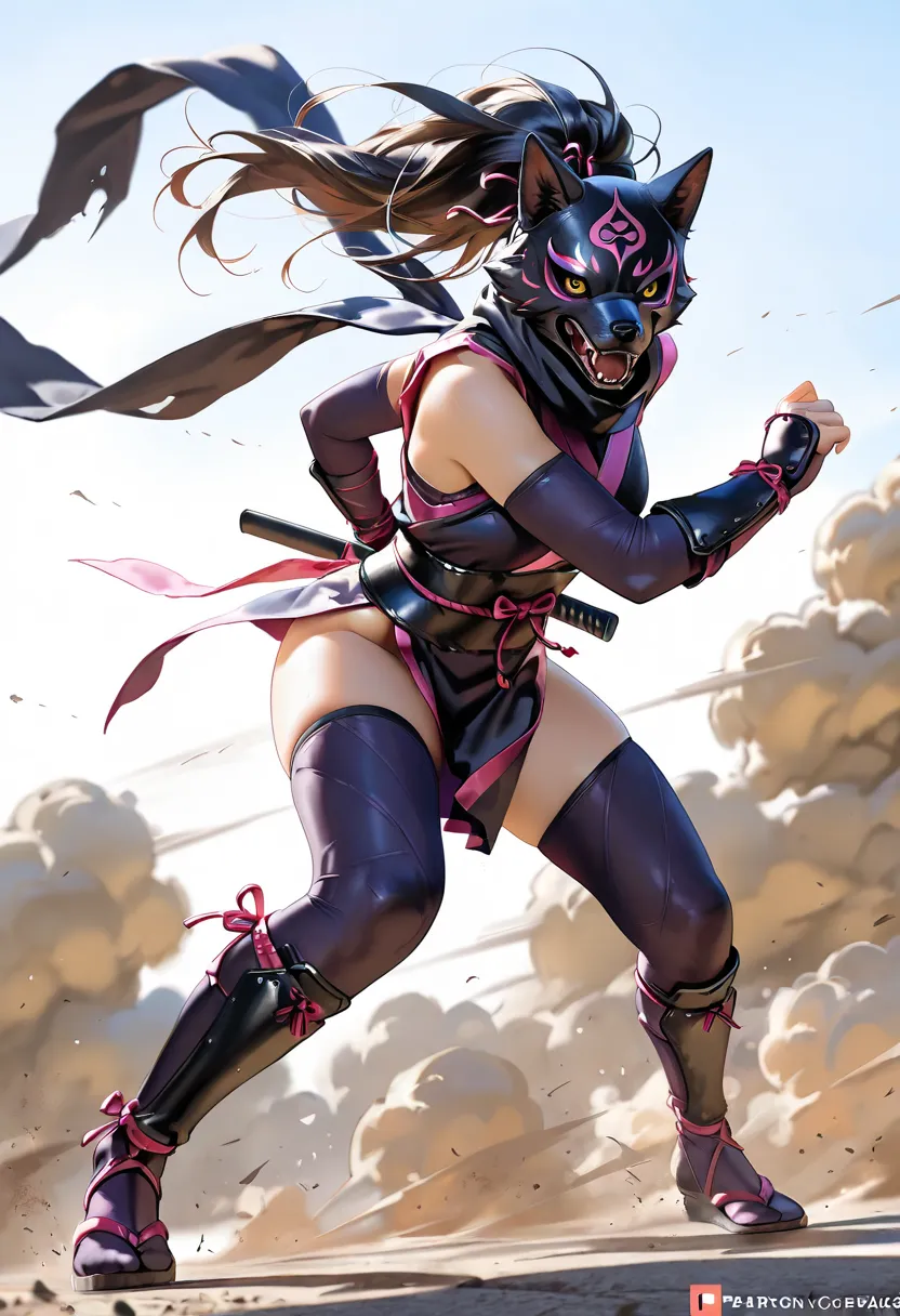 Masterpiece, (Top Quality, Created in High Resolution, 4K, 8k), (realistic, photorealistic: 1.5),Detailed cool wolf mask, female kunoichi ninja wearing armor, charging with black wolf in dynamic pose, walking in fierce wind, dust, dust, dramatic