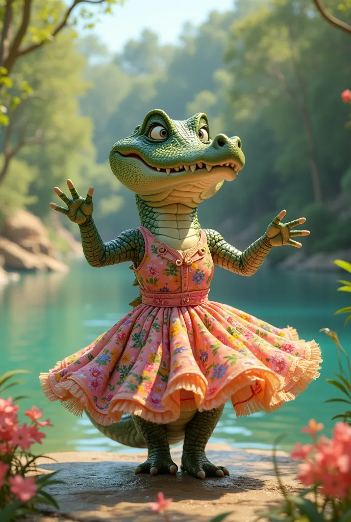 
Create a cute crocodile in a floral dress, dancing at the river. Bright 3D