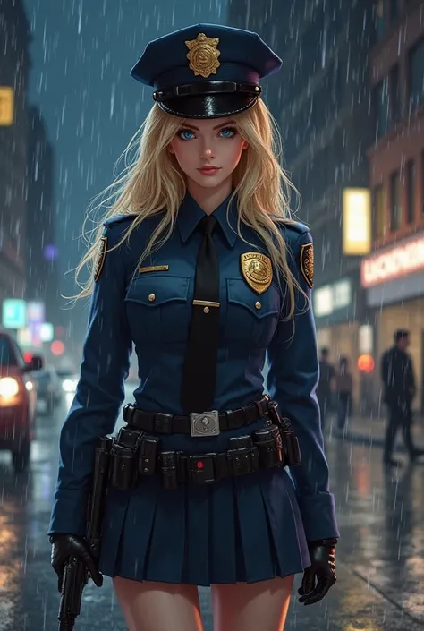  1 Female、American beauty、Super Bonito、Facial beauty、 blue eyes、standing、New York Police Uniform、Mini skirt、 golden hair、night street、 Backlight、 the wind is blowing 、This&#39;is it raining、He is looking intently at the gun barrel.、Photo from the thigh up、...