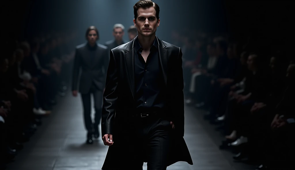 A man with masculine features, wearing a black shirt, a black tie, and a black leather coat, in a Balenciaga fashion show