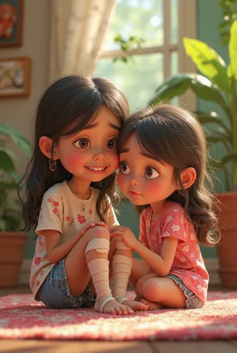 Make me Pixar style two girls together where one has a sprained leg and the other is comforting her 