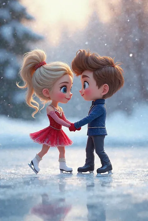 ImaginIt is aa um casal semi realista estilo Mini chib, ondIt is a casal de patinadores no gelo é retratado de maneira fofa e encantadora. The scene takes place on a frozen lake, with the **snow forming a perfect circle in the center**, like a natural stag...