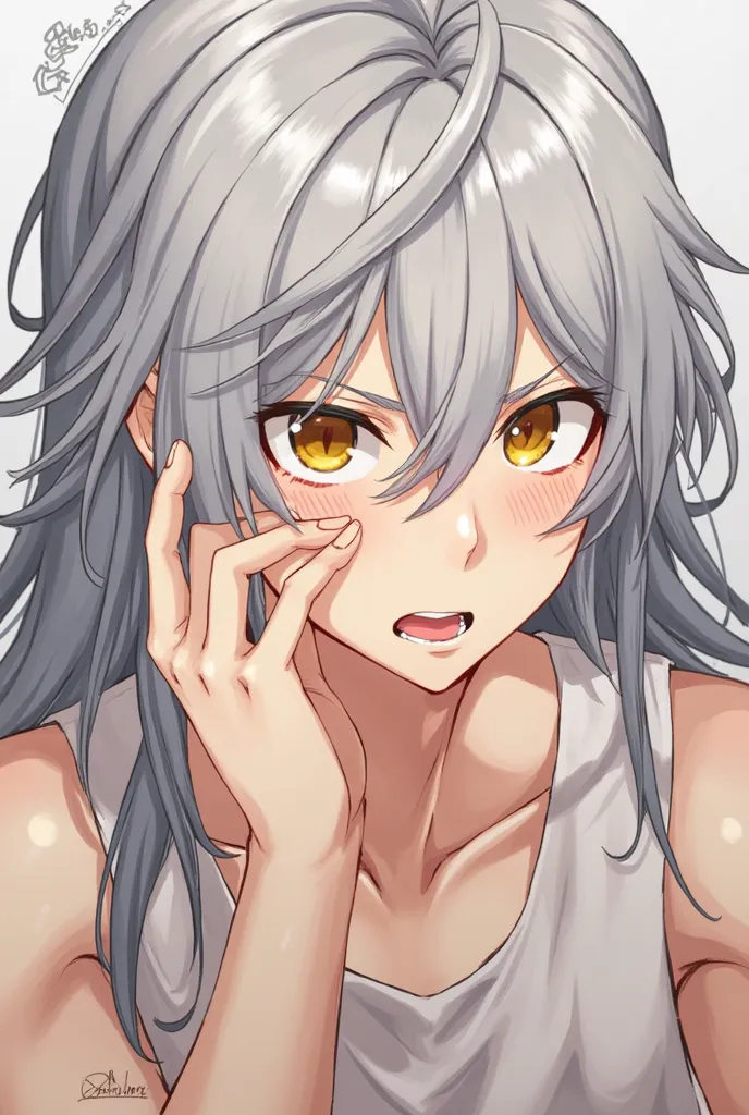  Adult man, anime, video game, loose long gray hair, long hair,  loose hair, yellow eyes,  golden eyes, slightly tanned pale skin, butterfly bangs, open bangs, a lock sticking out of his head, tonificado,  muscular,  embarrassed penis , looking away, scrat...