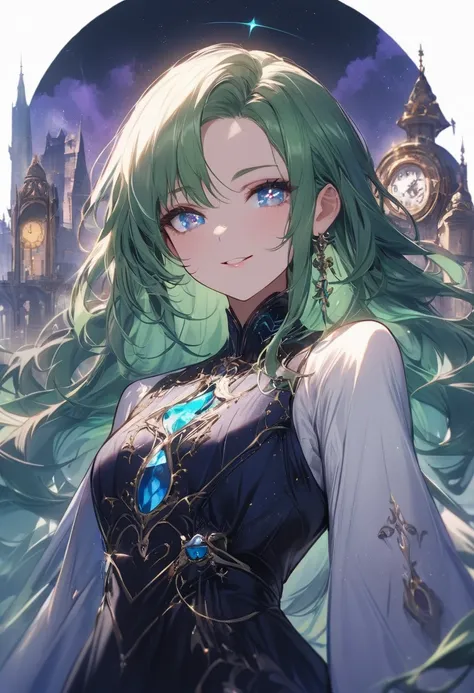 Emphasize that she is smiling with the corners of her lips slightly raised without showing her teeth, conveying an evil impression.A young girl, a god who governs time. She stands at about 150 centimeters tall, with long emerald green hair that flows in th...