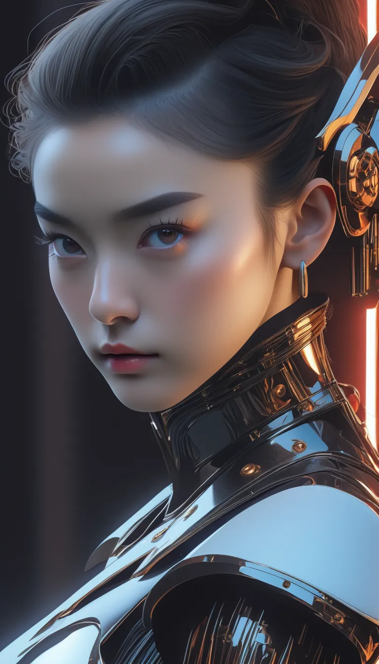 masterpiece, best quality, good quality, very aesthetic, absurdres, newest, 8K, depth of field, focused subject, in the style of cknc, artist:moriimee, in the style of cksc, BREAK
side portrait of stunning Chinese cyborg woman, bangs, sidelocks, bangs, cho...