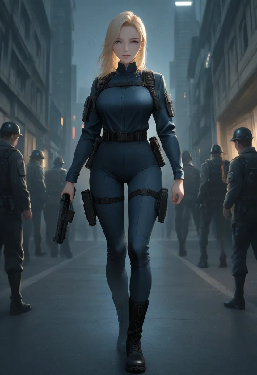 The image shows a young blonde woman in a futuristic outfit and a 9mm pistol in her hand... She is standing in an urban setting, with a background of buildings and metal structures. The lighting is dark and atmospheric., which creates a feeling of mystery ...