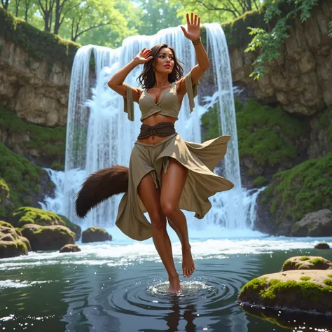 Zwiwer's realistic fantasy woman gracefully approaches a waterfall in a seductive pose, her movements fluid and subtle. She stands at the edge of the waterfall, joyfully reaching out her hands and splashing the water. Then, she immerses herself in the rive...