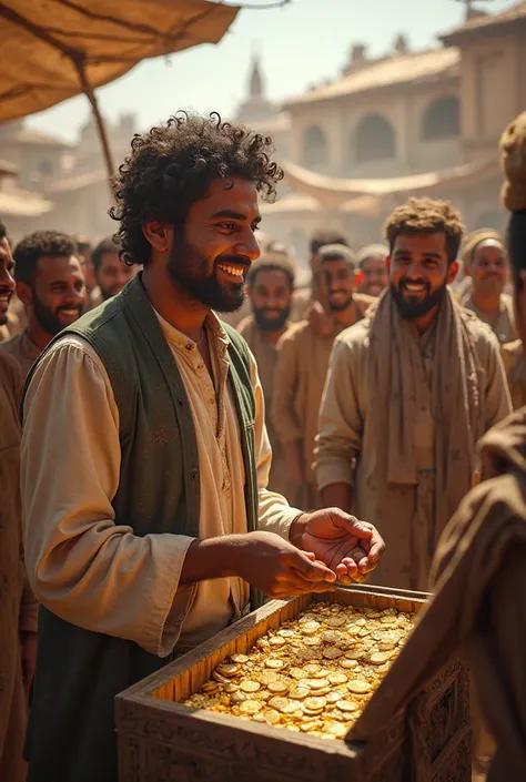 A joyful scene in the village square as Arif distributes the treasure among the villagers. The villagers, dressed in traditional clothing, are smiling and celebrating. The treasure chest is open, revealing gold coins and gems, and the atmosphere is filled ...