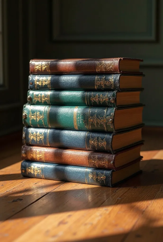 "A neat stack of vintage hardcover books with elegant gold detailing on their spines, placed on a wooden floor. The books are in various shades of deep blue, green, and brown, giving a cozy and sophisticated feel. Soft sunlight casts gentle shadows, enhanc...