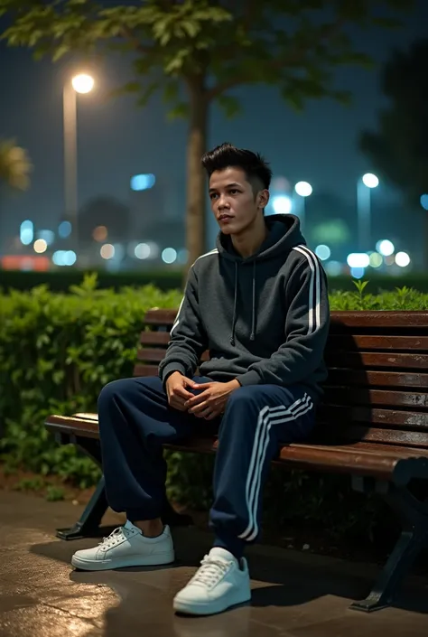 A 30-year-old Indonesian man with a stylish two-block haircut sits confidently on a park bench in a city park at night. His casual outfit consists of a fitted dark gray hoodie with subtle white stripes, paired with loose-fitting navy blue joggers and white...