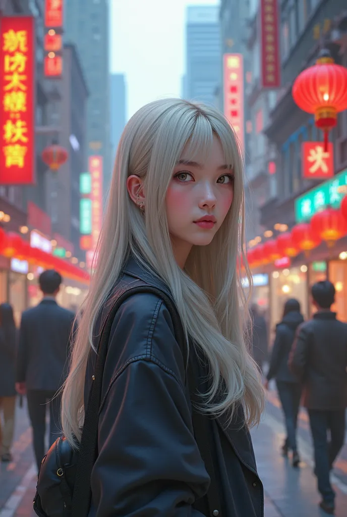 Create a picture of a Slavic girl (rectangular face type, upturned nose  , almond eyes) with ash-blond straight long hair and blue-gray hair, dressed in modern clothes, came to modern China 