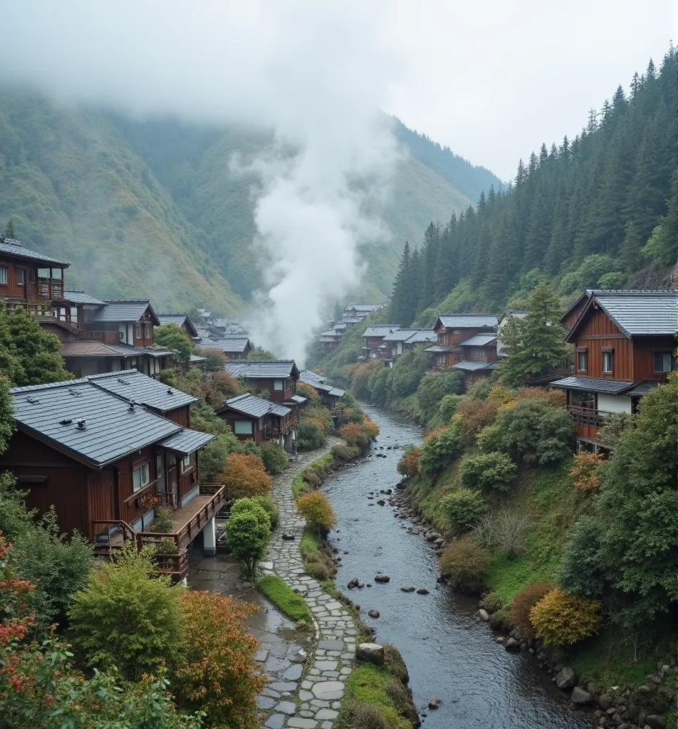 English Keywords: geothermal village, hot spring steam, wooden houses, volcanic landscape, misty atmosphere, terraced terrain, traditional Japanese architecture, sulfur pools, lush greenery, stone pathways, onsen bathhouses, eco-friendly living, undergroun...