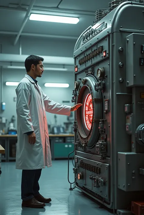 Press the button of a large machine in the laboratory