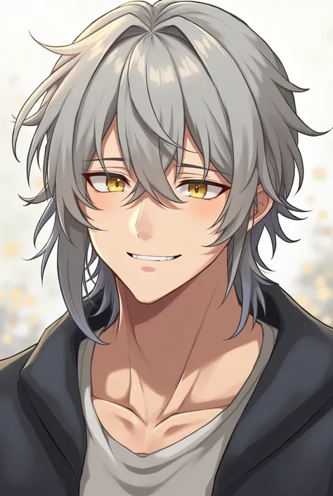  Adult man, anime, video game, loose long gray hair, long hair,  loose hair, yellow eyes,  golden eyes, slightly tanned pale skin, butterfly bangs, open bangs, a lock sticking out of his head, tonificado,  muscular,  embarrassed penis ,  smiling with your ...