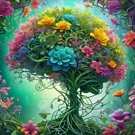 A mesmerizing digital illustration of a human brain. The brain CONSISTS ENTIRELY OF intricately woven with trees, vines, and flowers, which are sprouting from the brain stem, creating a surreal and organic fusion of nature and intelligence. The vines branc...