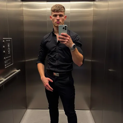 27 years boy muscles with mid fade short hair cut brown and little bit beard with
black pant black shirt black shocks black shoe silver watch silver chain in formal  without blazer In a elevator to take a selfie photo with a iphone pro 16
