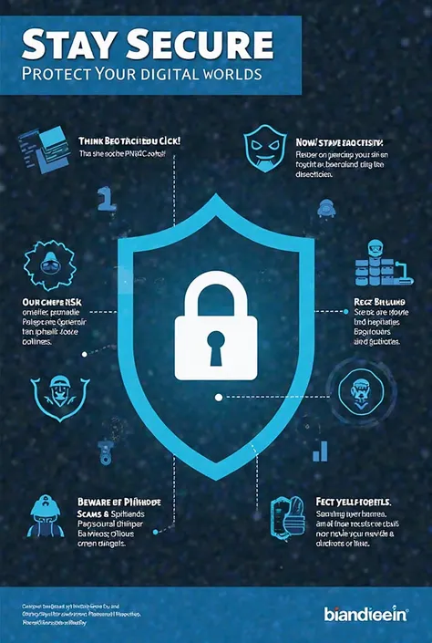 Poster Design Concept:
Title: "Stay Secure: Protect Your Digital World"
Visuals: A shield with a lock at the center representing cybersecurity, surrounded by icons of threats like phishing emails, malware, and hackers.
Color Scheme: Blue and black for a pr...