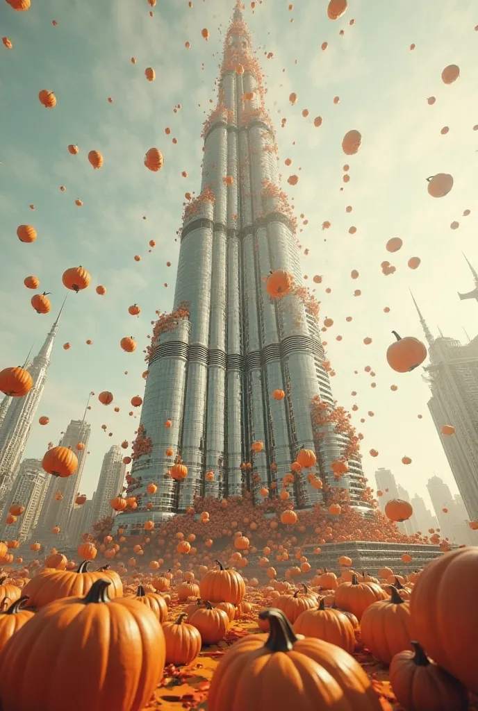 I want Burj Khalifa to have pumpkins falling on it in cgi 