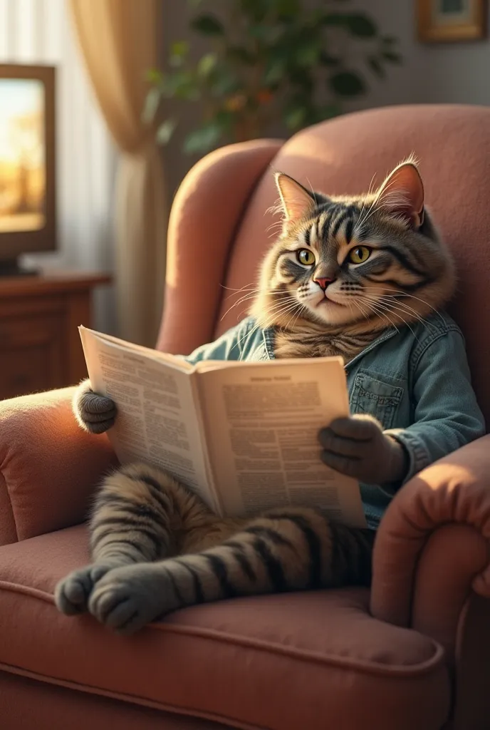 Grandma's cat is sitting in a big chair, reads a newspaper and watches TV