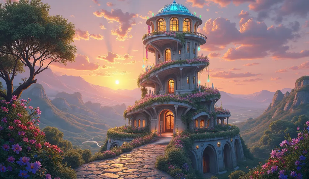 Perched atop a verdant hill, a magnificent tower rises majestically, its silhouette framed against a vibrant sunset. This enchanting structure, built from pale stone that glimmers in the fading light, features sweeping arches and delicate balconies adorned...